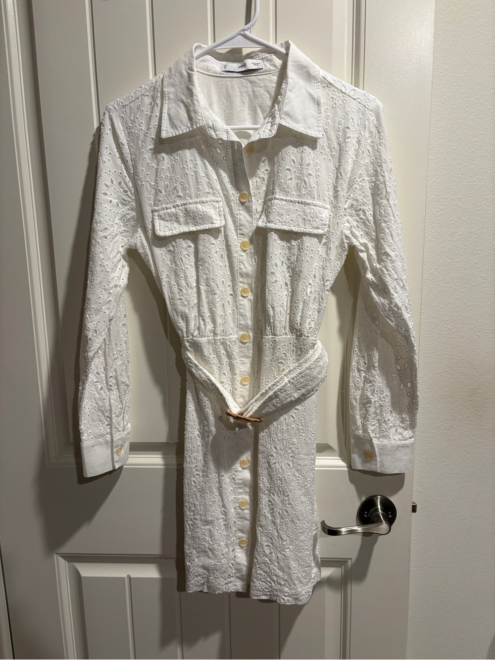 White Eyelet Button-Front Shirt Dress with Belt